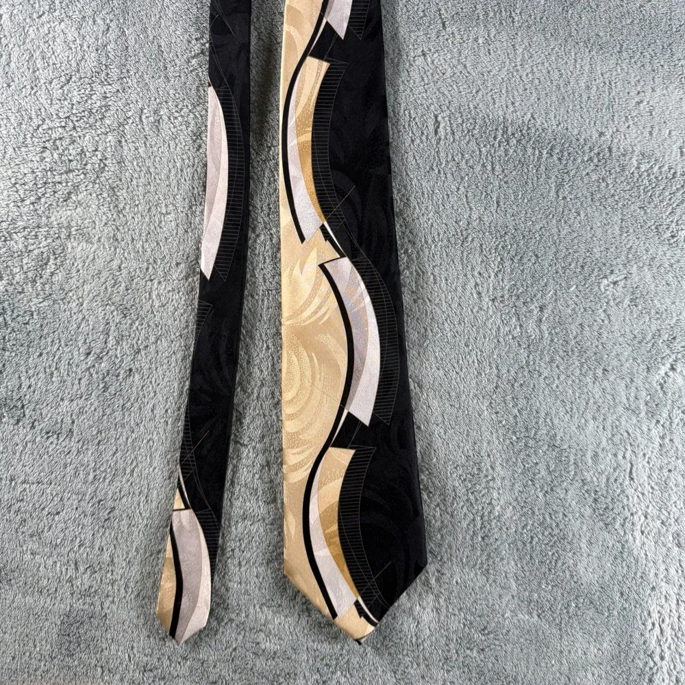 Pantani Mens Silk Tie Black Gold Silver Geometric Abstract Hand Made Necktie‎
